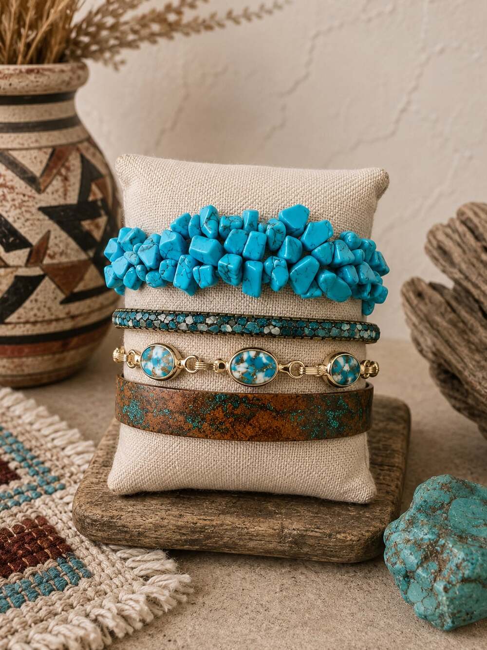 4-Piece Vintage Southwestern Turquoise & Mixed Stone Bracelet Stack